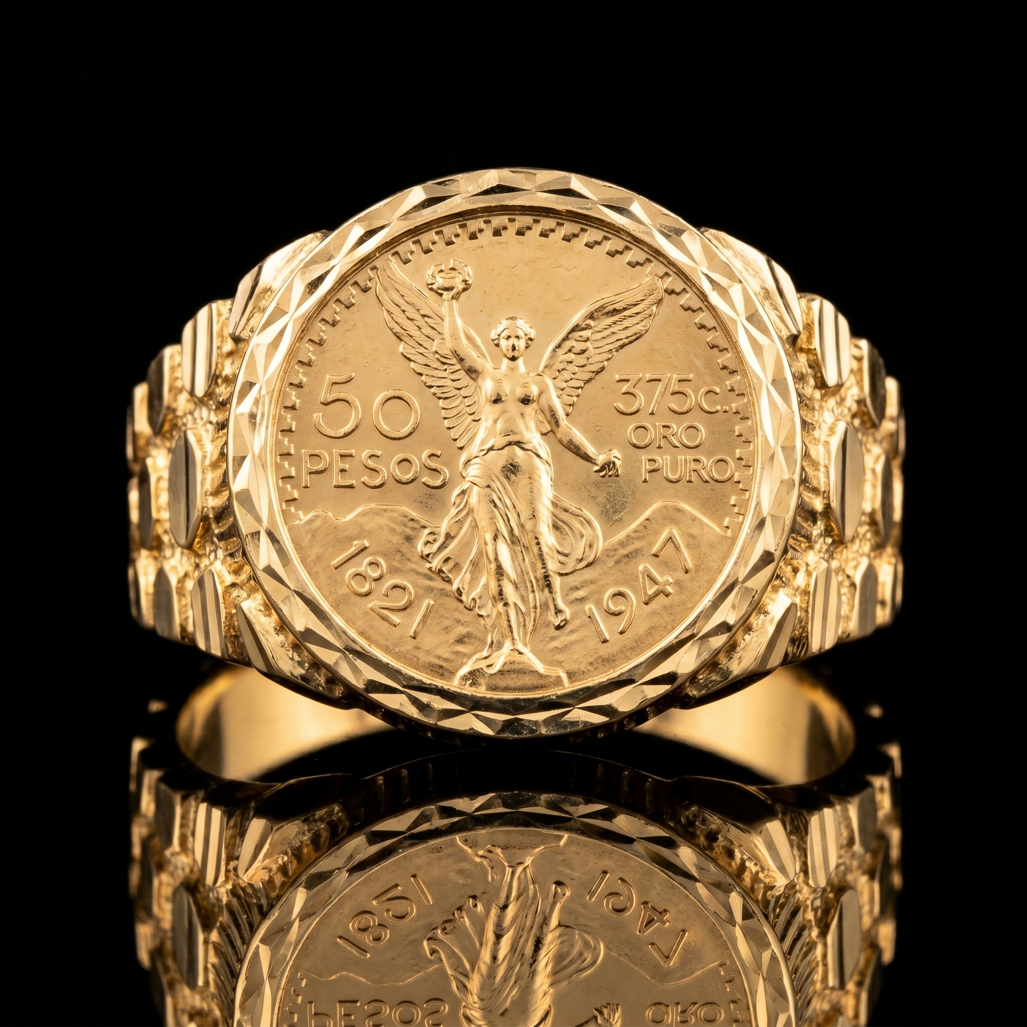 10k Gold Nugget Circle Centenario Ring 19mm