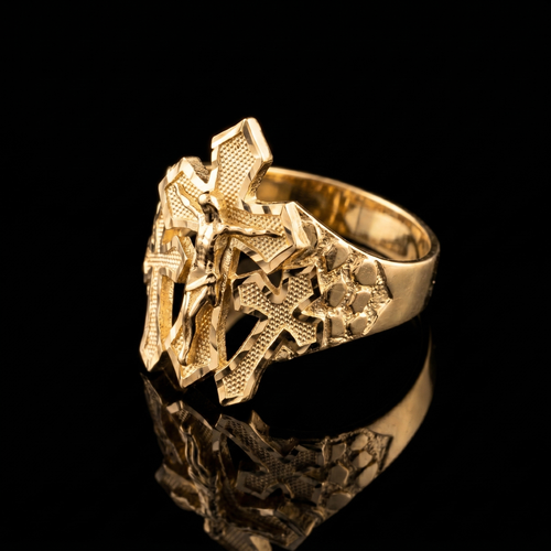10k Gold Nugget 3 Cross Crucifix Ring 21mm