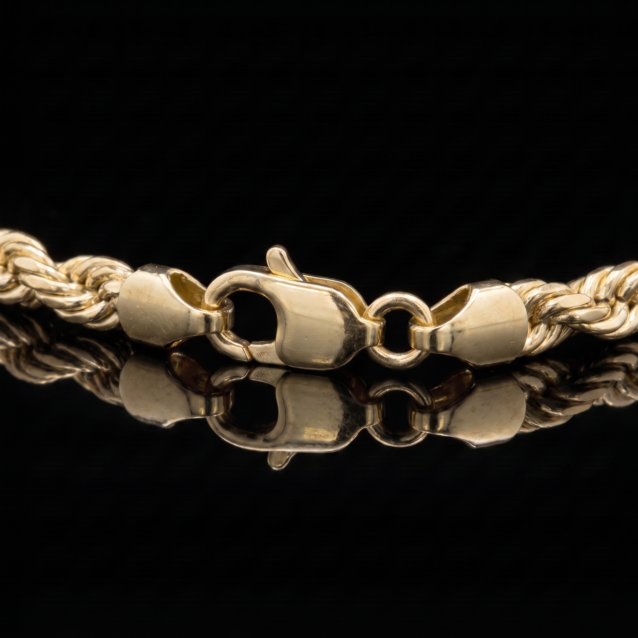 10k gold solid rope chain lobster clasp macro on black