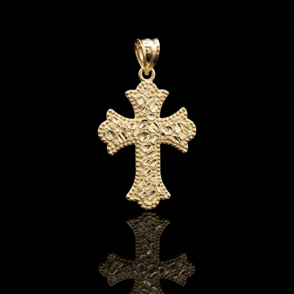 10k Gold Nugget Cross Pendant 1.25"