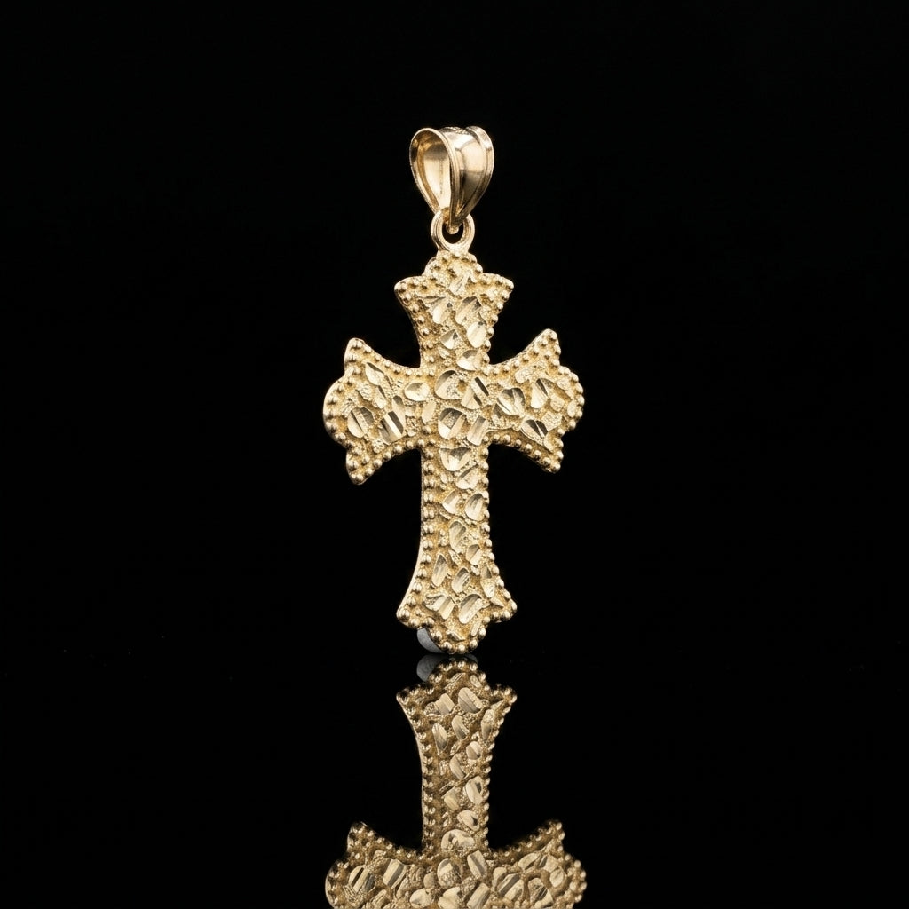 10k Gold Nugget Cross Pendant 1.25"