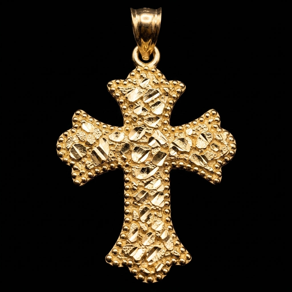 10k Gold Nugget Cross Pendant 1.25"
