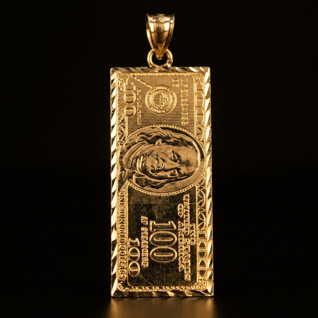 10k Gold $100 Bill Pendant 1.5"