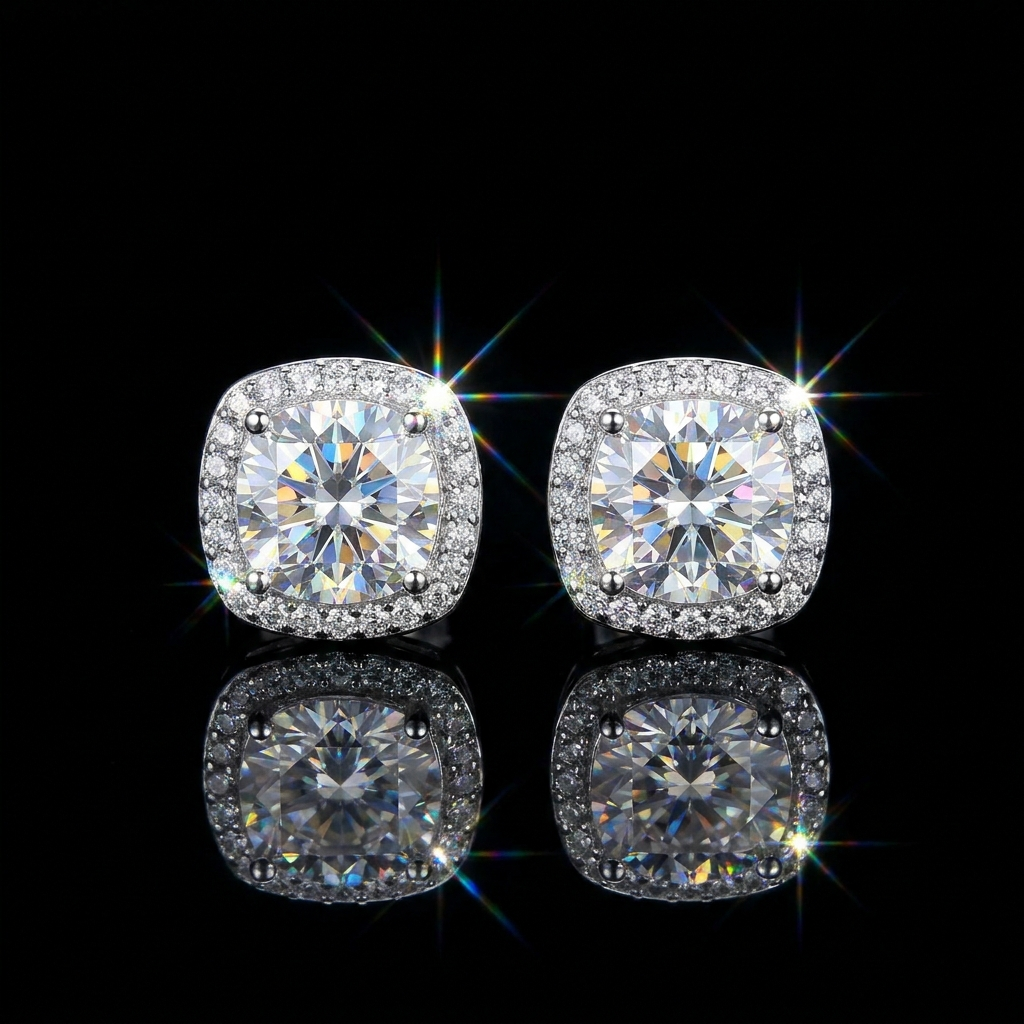 Silver 925 Cushion Halo Stud Moissanite Earrings 7.6mm