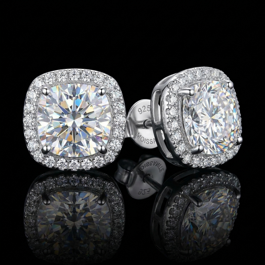 Silver 925 Cushion Halo Stud Moissanite Earrings