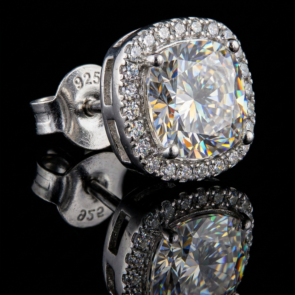 Silver 925 Cushion Halo Stud Moissanite Earrings