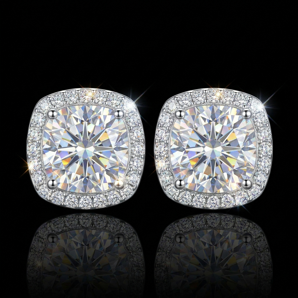 Silver 925 Cushion Halo Stud Moissanite Earrings