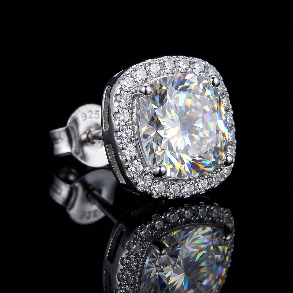 Silver 925 Cushion Halo Stud Moissanite Earrings