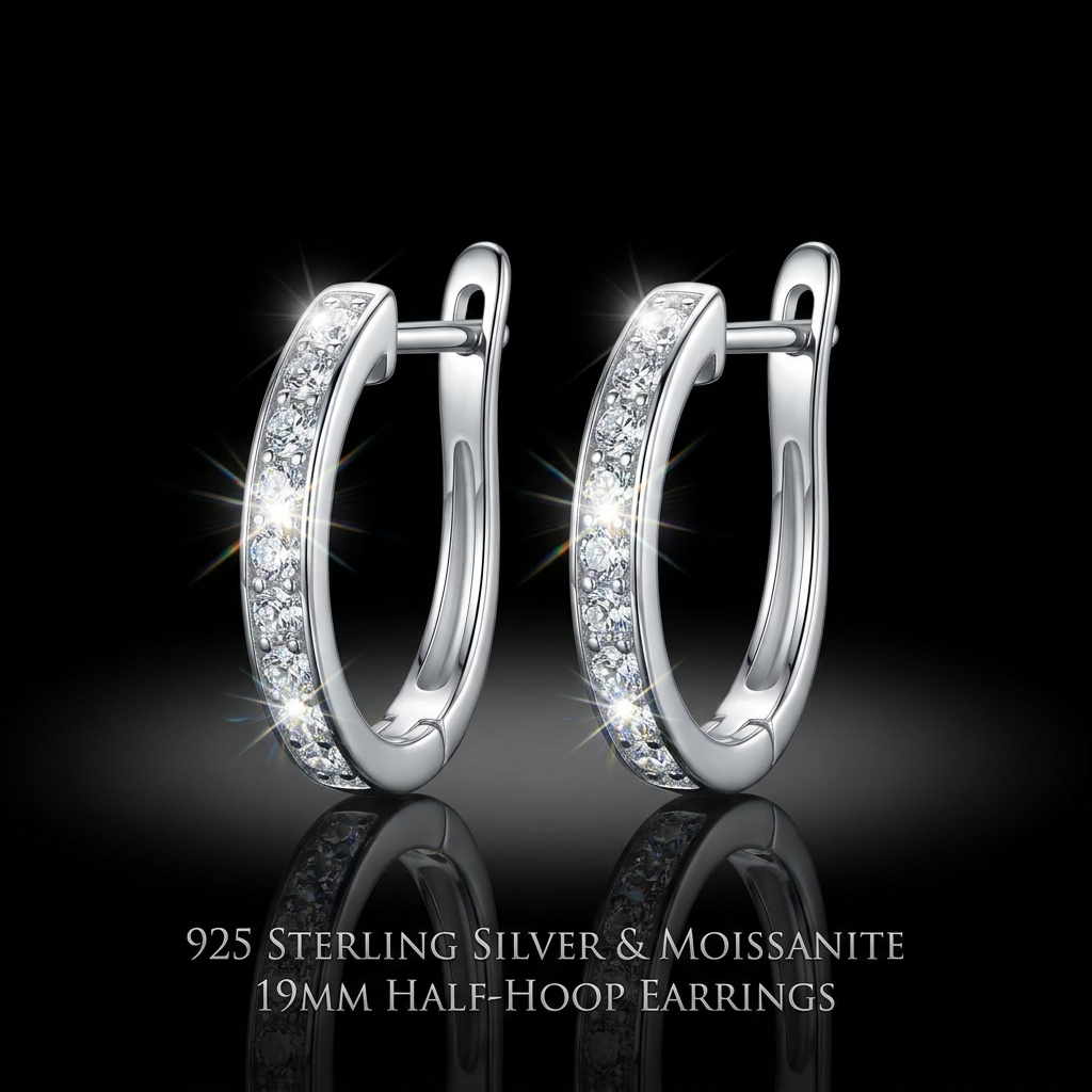 Silver 925 Moissanite Half Studded Hoop Earrings 19mm