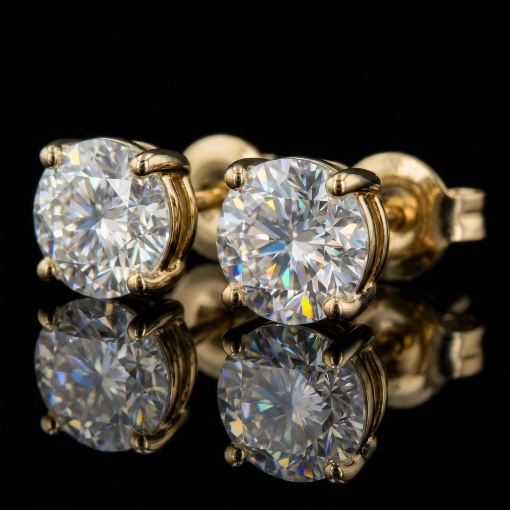 14k Gold Round Brilliant Stud Moissanite Earrings