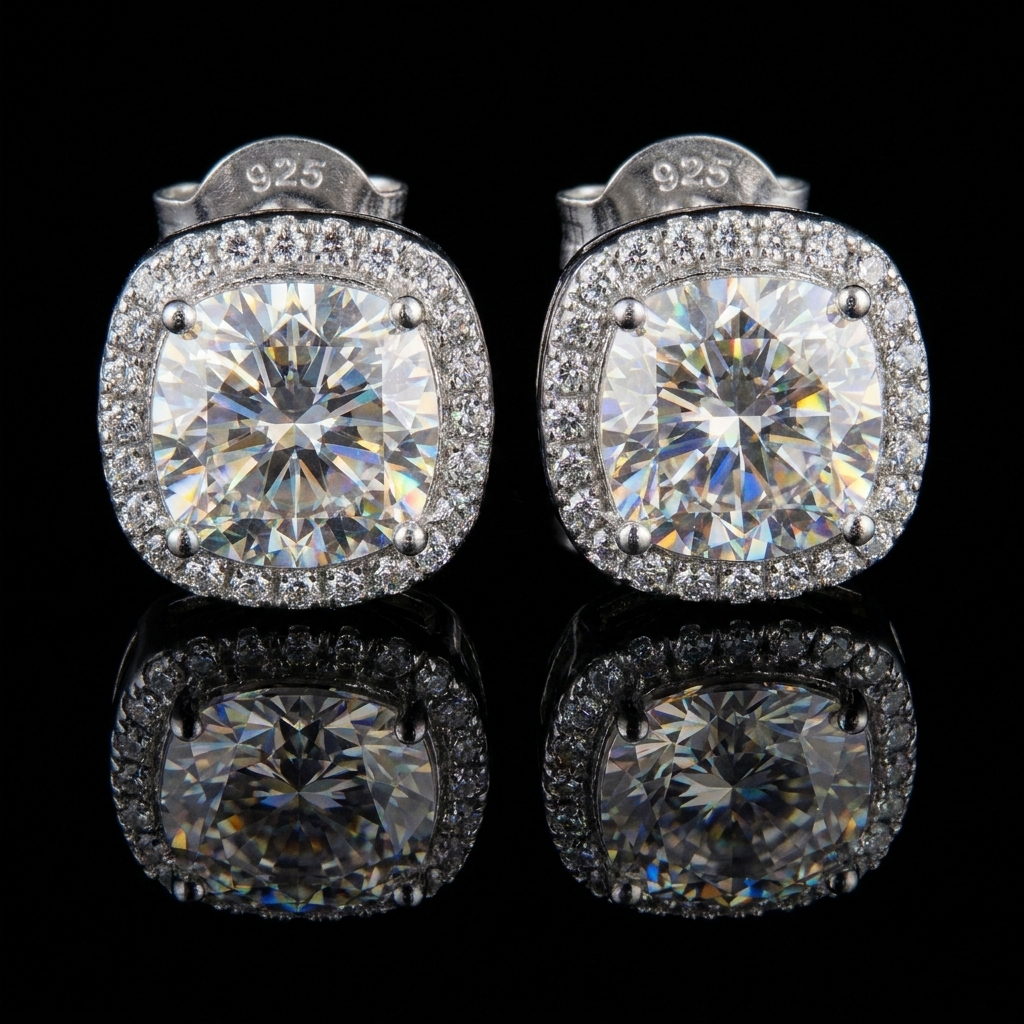 Silver 925 Cushion Halo Stud Moissanite Earrings