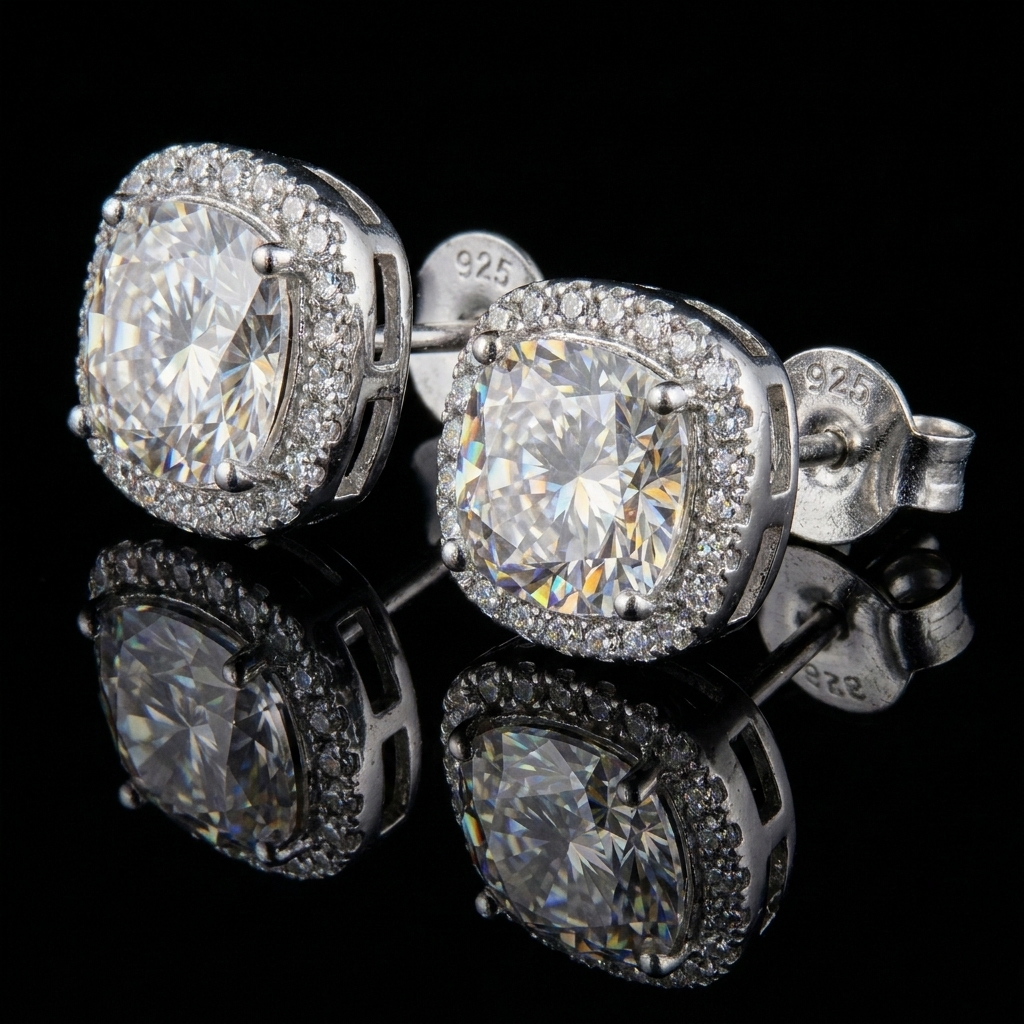 Silver 925 Cushion Halo Stud Moissanite Earrings