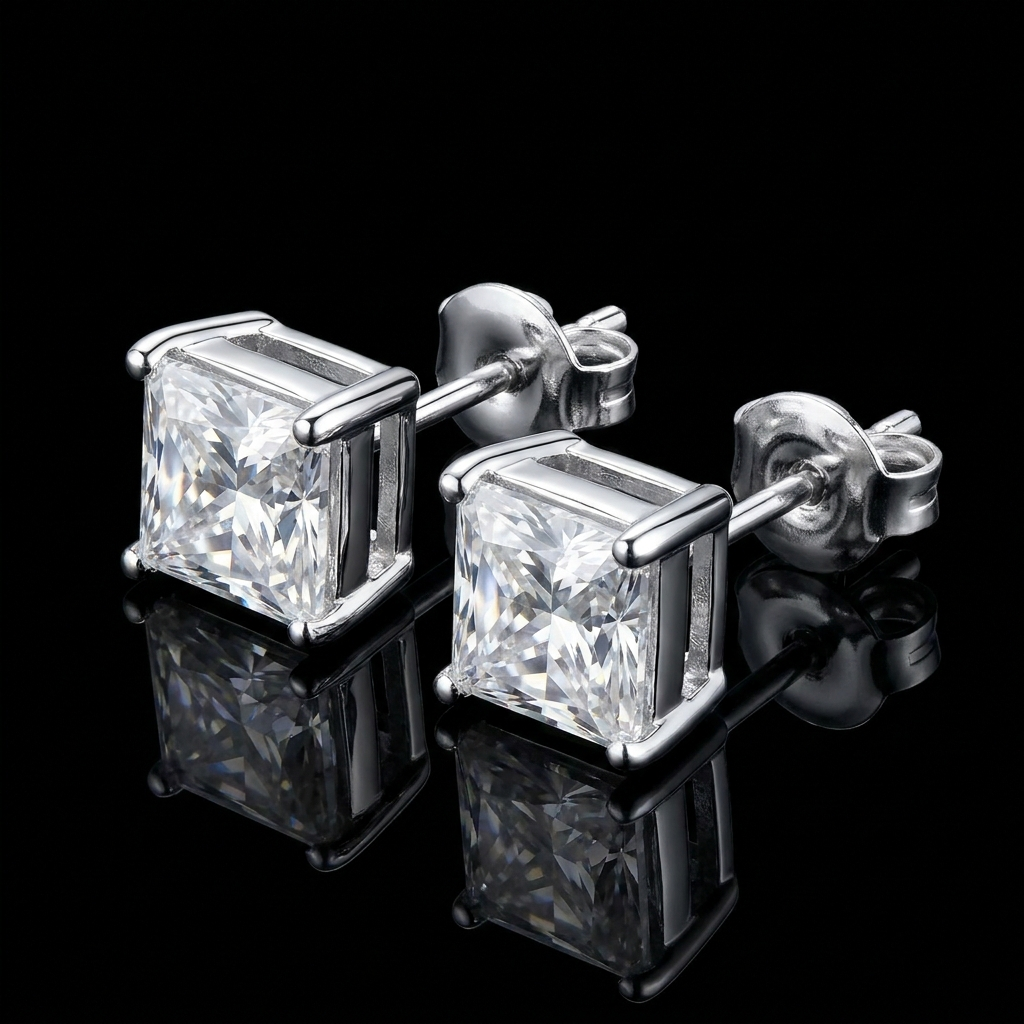 Silver 925 Princess Stud Moissanite Earrings
