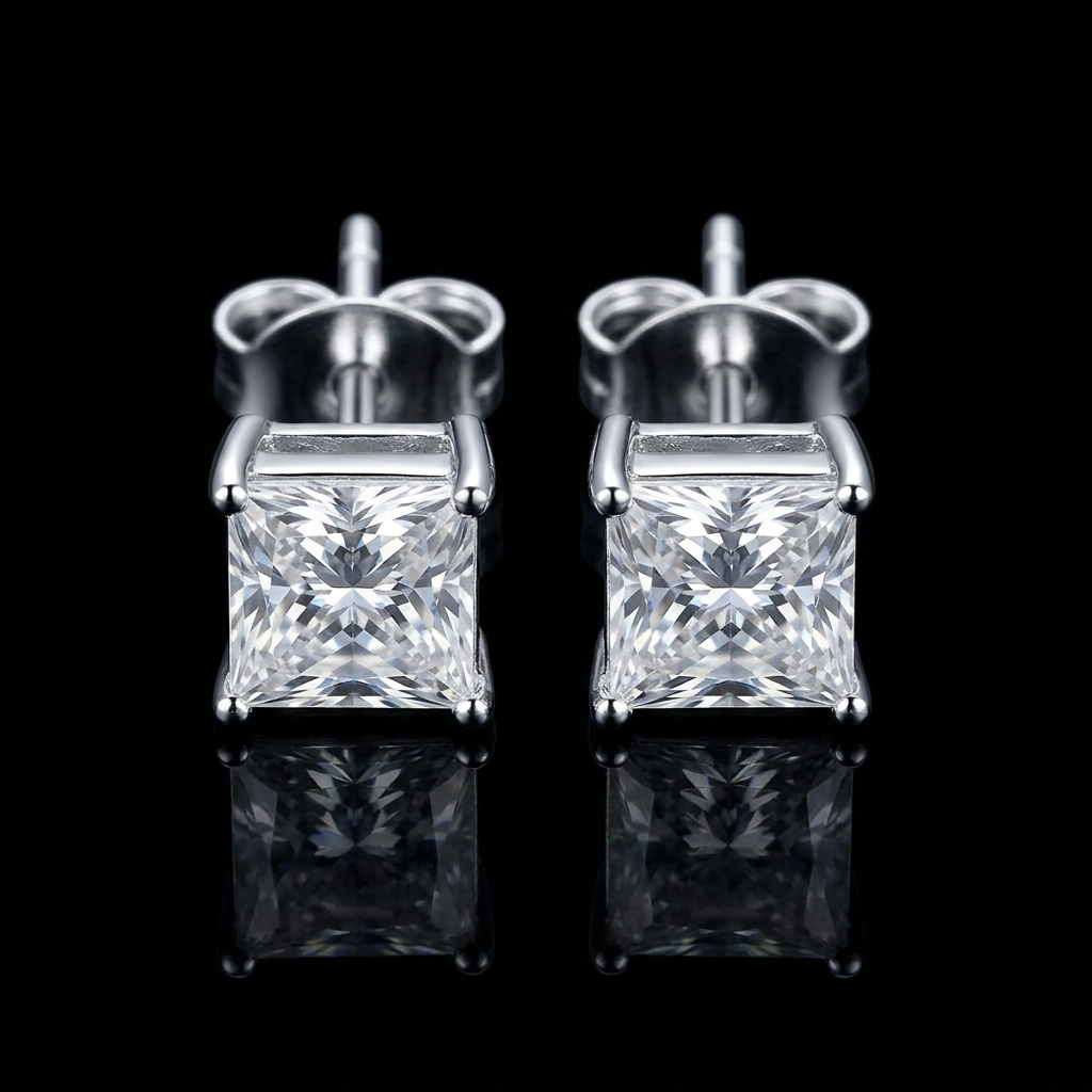 Silver 925 Princess Stud Moissanite Earrings