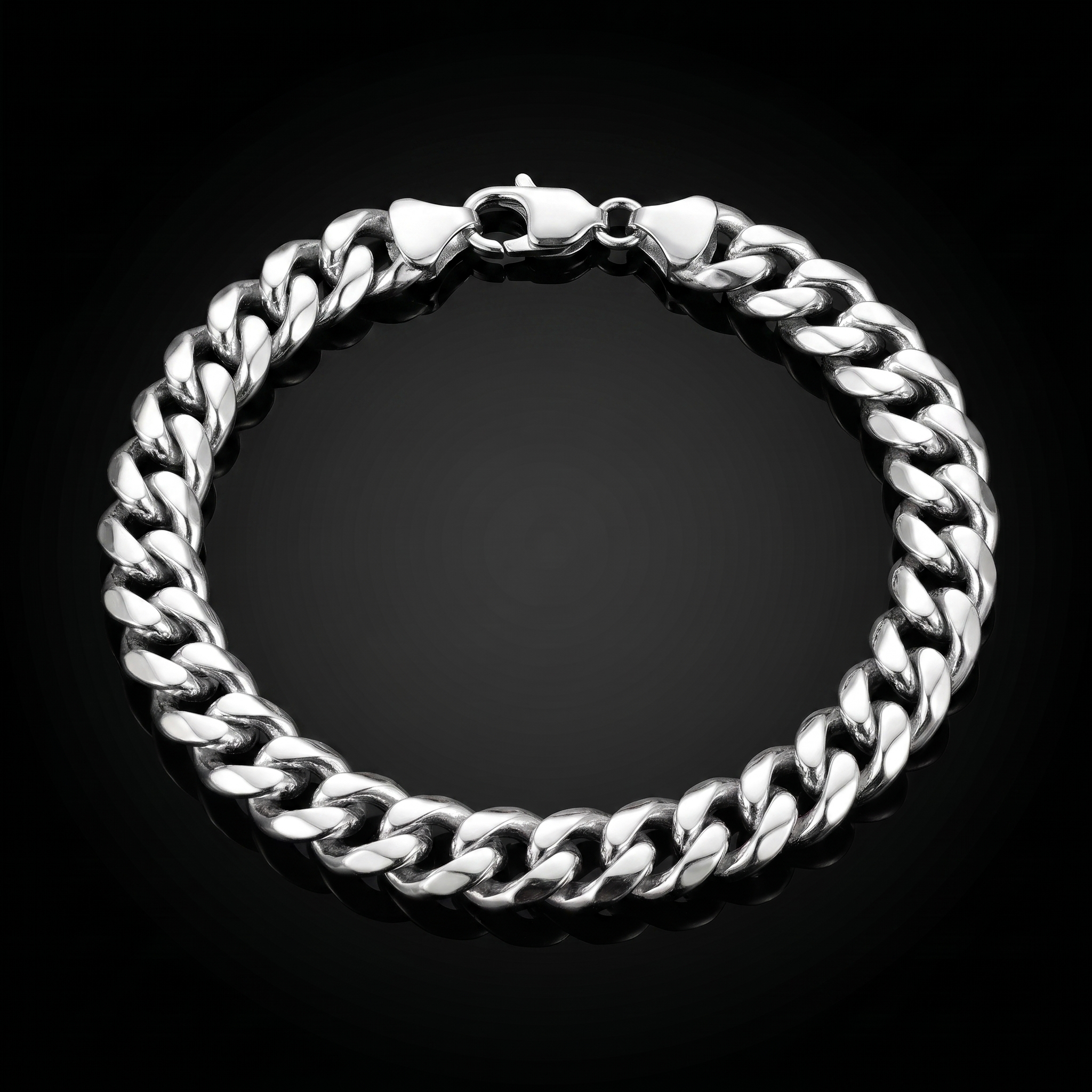 Silver 925 solid Miami Cuban bracelet on black, front