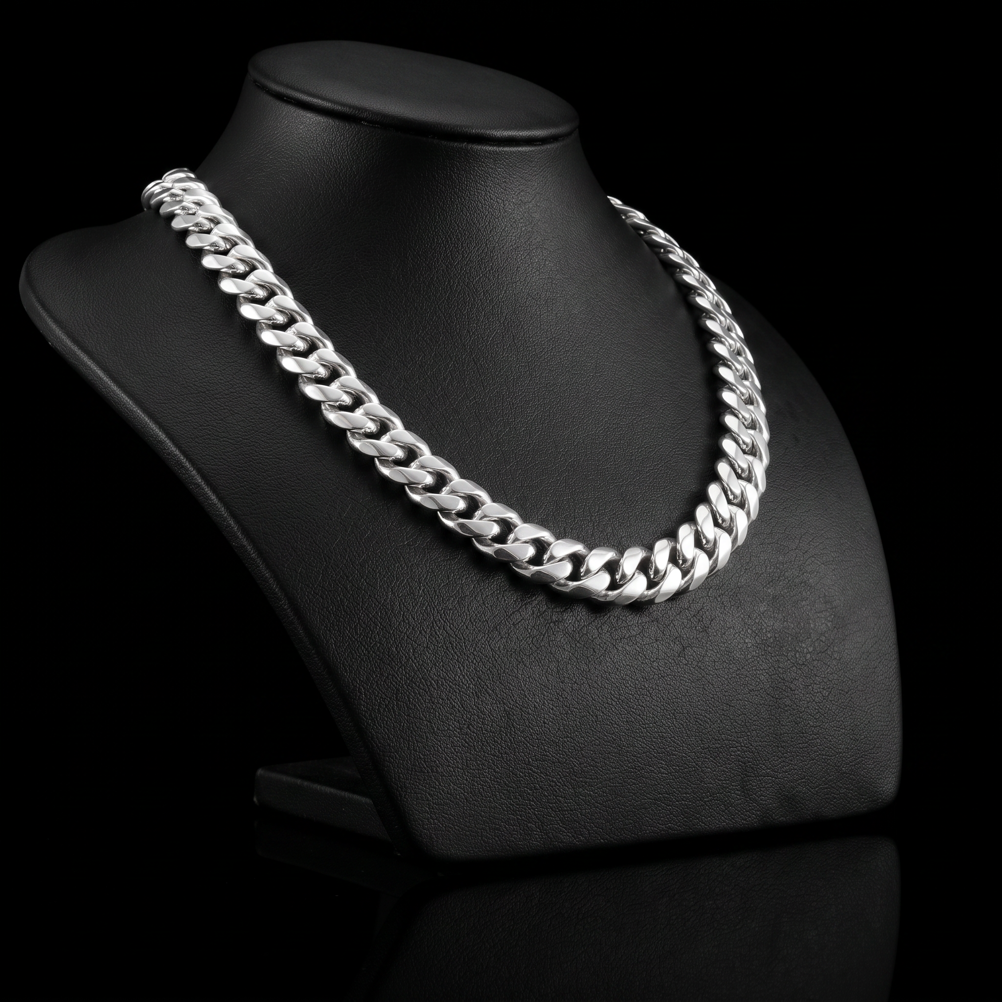Silver 925 solid Miami Cuban chain on mannequin, angled