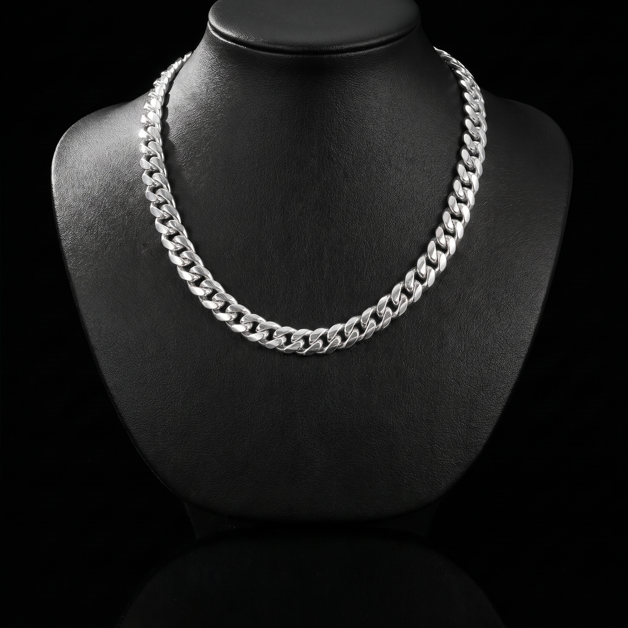 Silver 925 solid Miami Cuban chain on mannequin, front