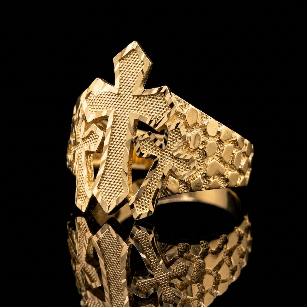 10k Gold Nugget 3 Cross Ring 21mm