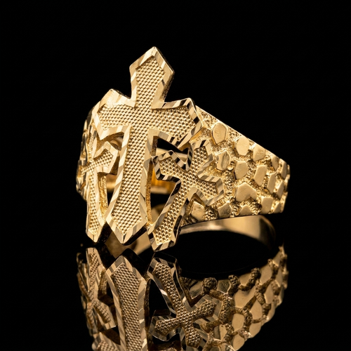 10k Gold Nugget 3 Cross Ring 21mm