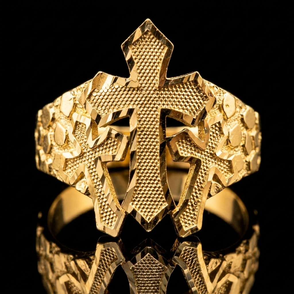 10k Gold Nugget 3 Cross Ring 21mm