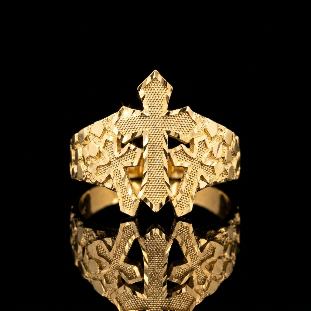 10k Gold Nugget 3 Cross Ring 21mm