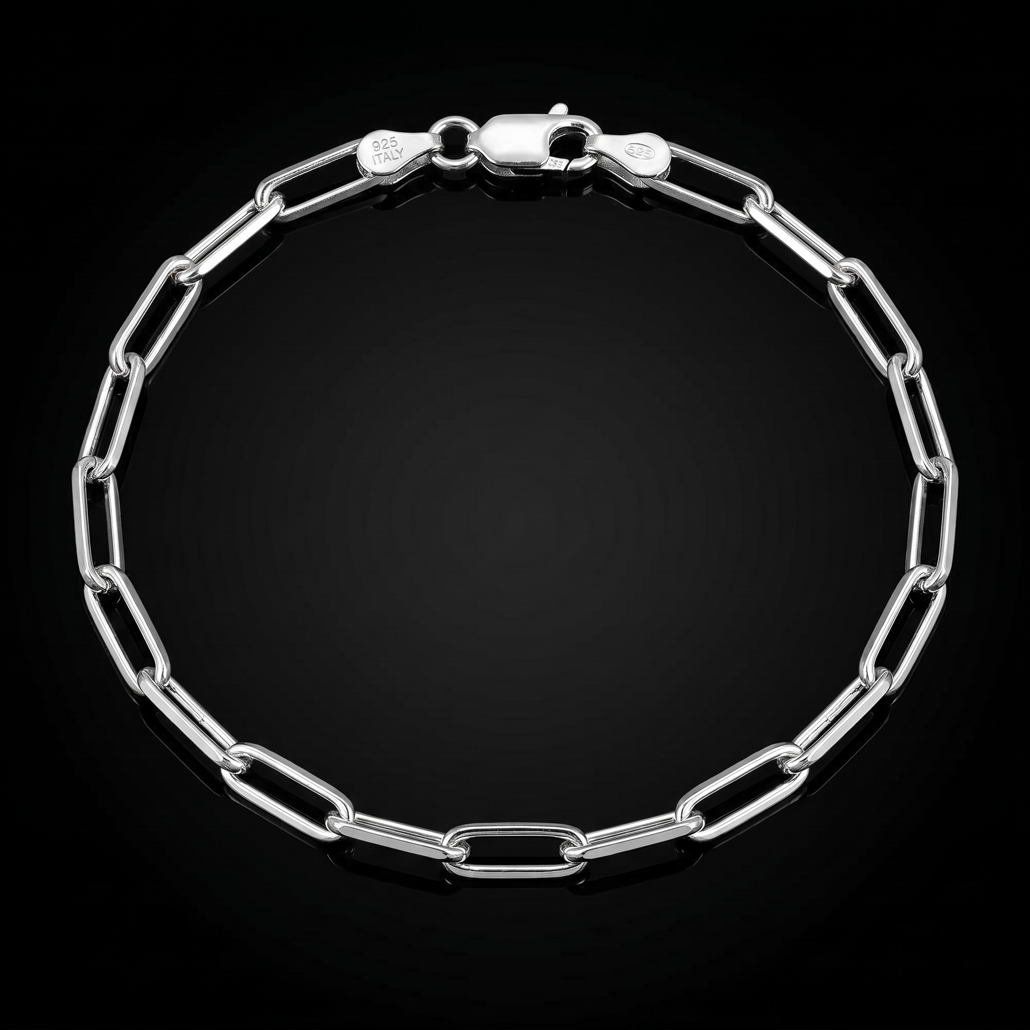 Silver 925 solid paperclip bracelet on black, front