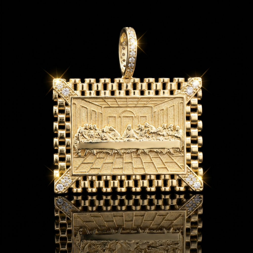 10k Gold CZ Last Supper Rolex Band Rectangle Pendant 1"