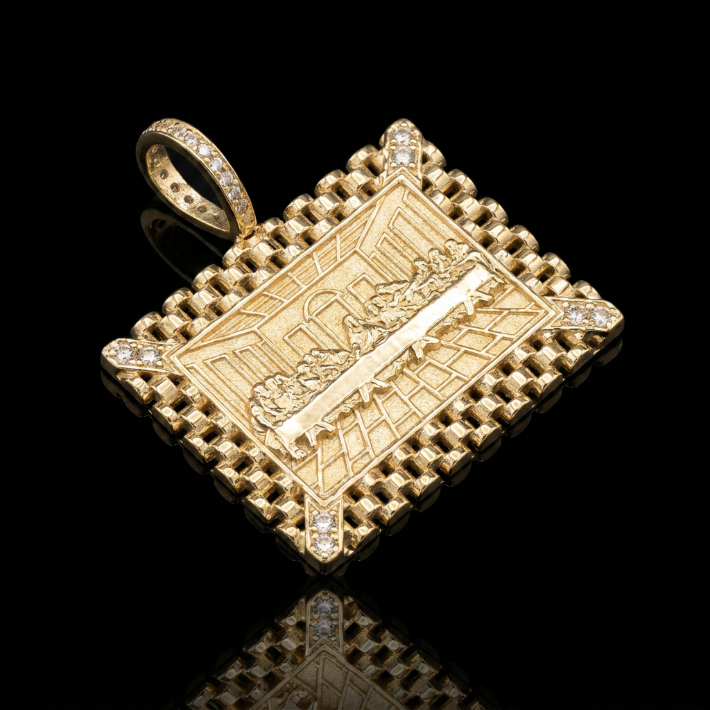 10k Gold CZ Last Supper Rolex Band Rectangle Pendant 1"