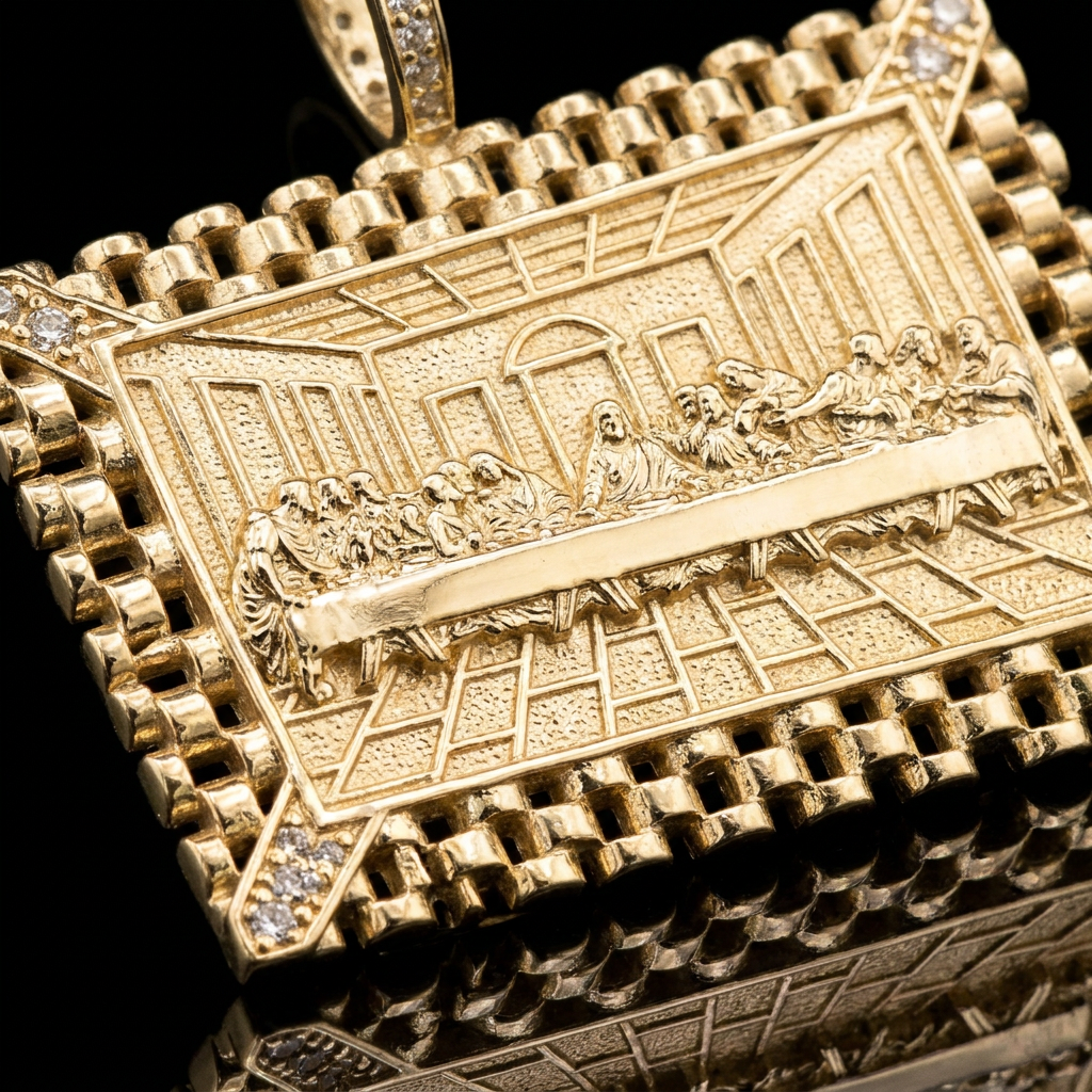 10k Gold CZ Last Supper Rolex Band Rectangle Pendant 1"