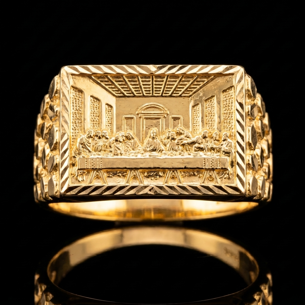 10k Gold Nugget Rectangle Last Supper Ring 15mm