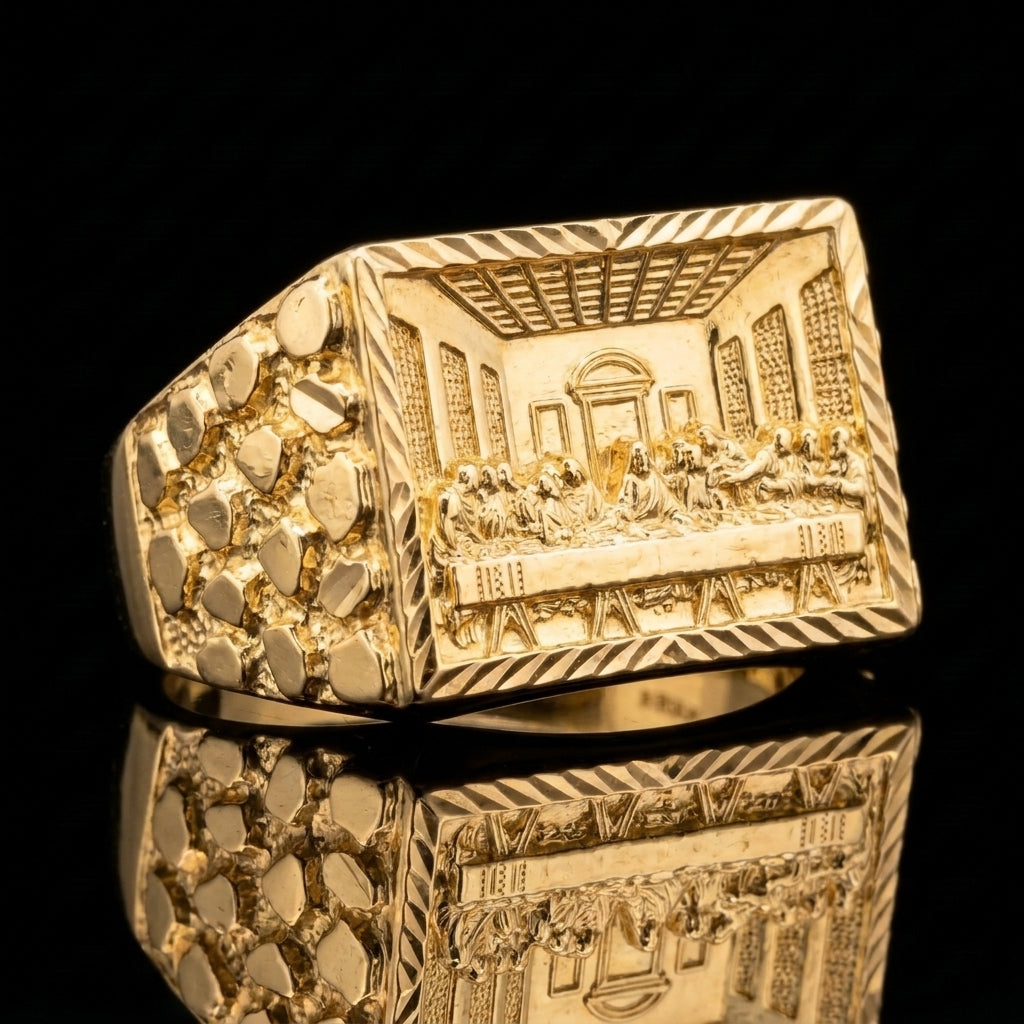 10k Gold Nugget Rectangle Last Supper Ring 15mm