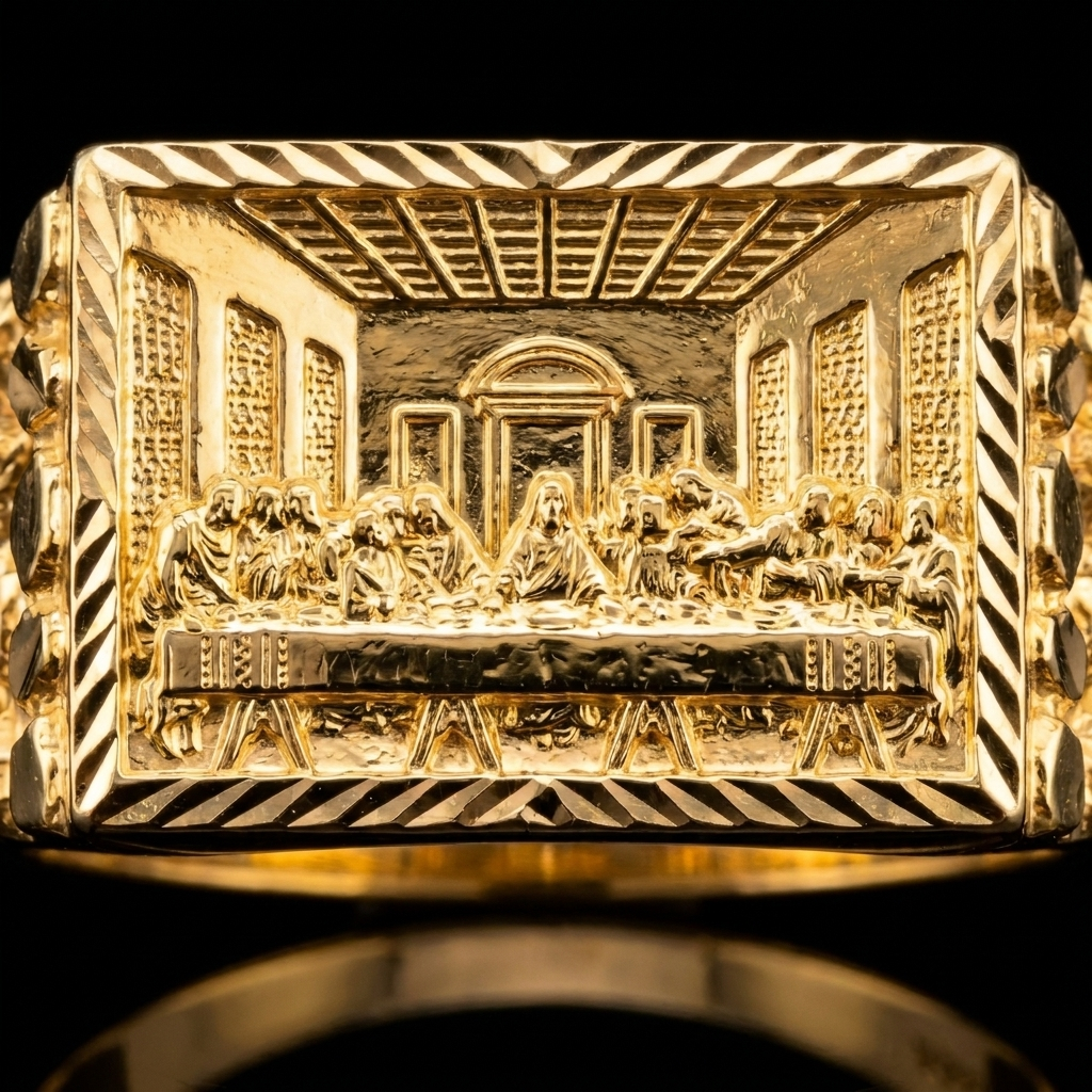 10k Gold Nugget Rectangle Last Supper Ring 15mm