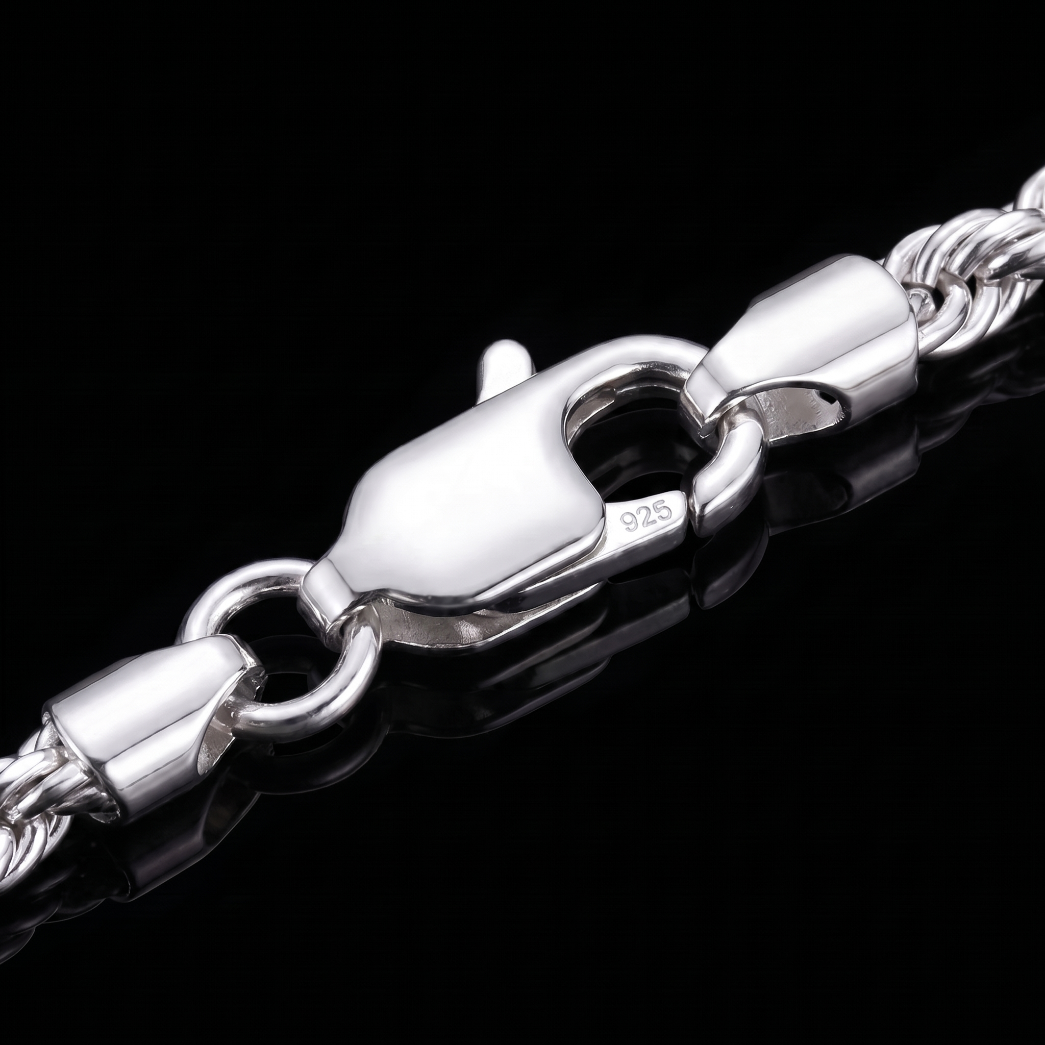 Silver 925 rope bracelet lobster clasp macro on black