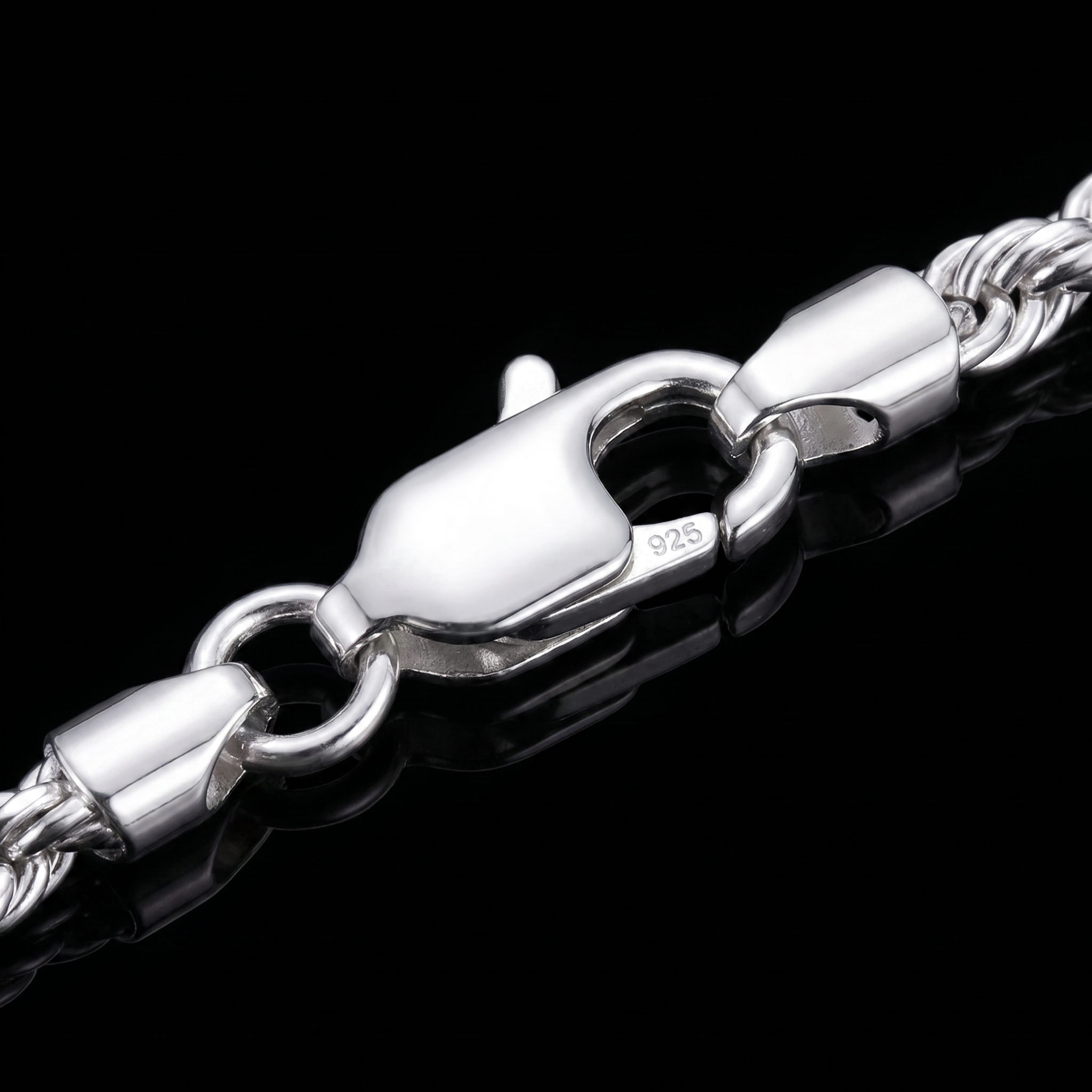 Silver 925 solid rope chain lobster clasp macro on black